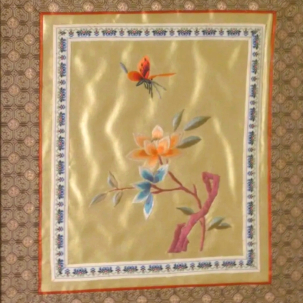 Framed silk embroidery from Singapore 1989 Flowers and Butterfly